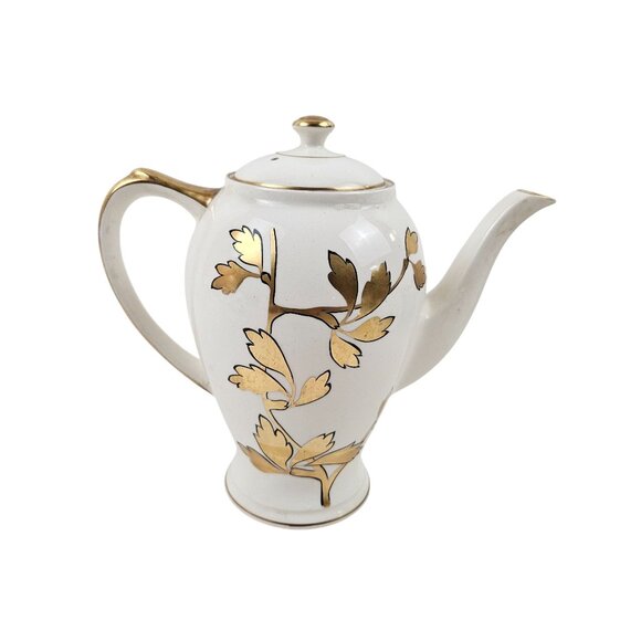 Vintage Royle Kenwood Lidded Teapot Empire England Porcelain Gold Leaf Design - Picture 1 of 9